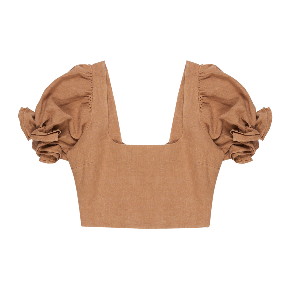 MAMA Long Beach Puff Sleeve Cropped Linen Blouse
